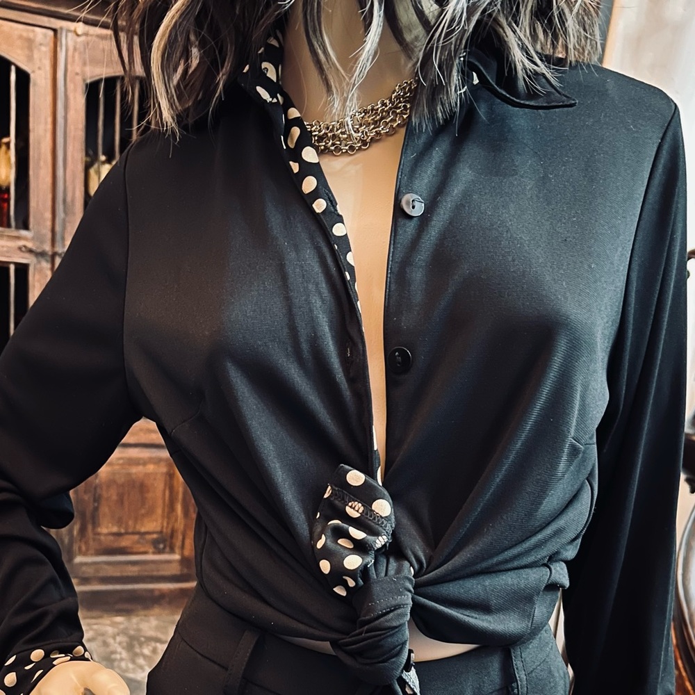 Black button down with tan polka dots